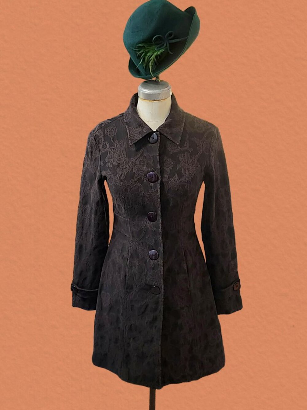 Vintage KENSIE Black Floral Jacquard Trench Coat Jacket - Size 4 - Pristine Cond